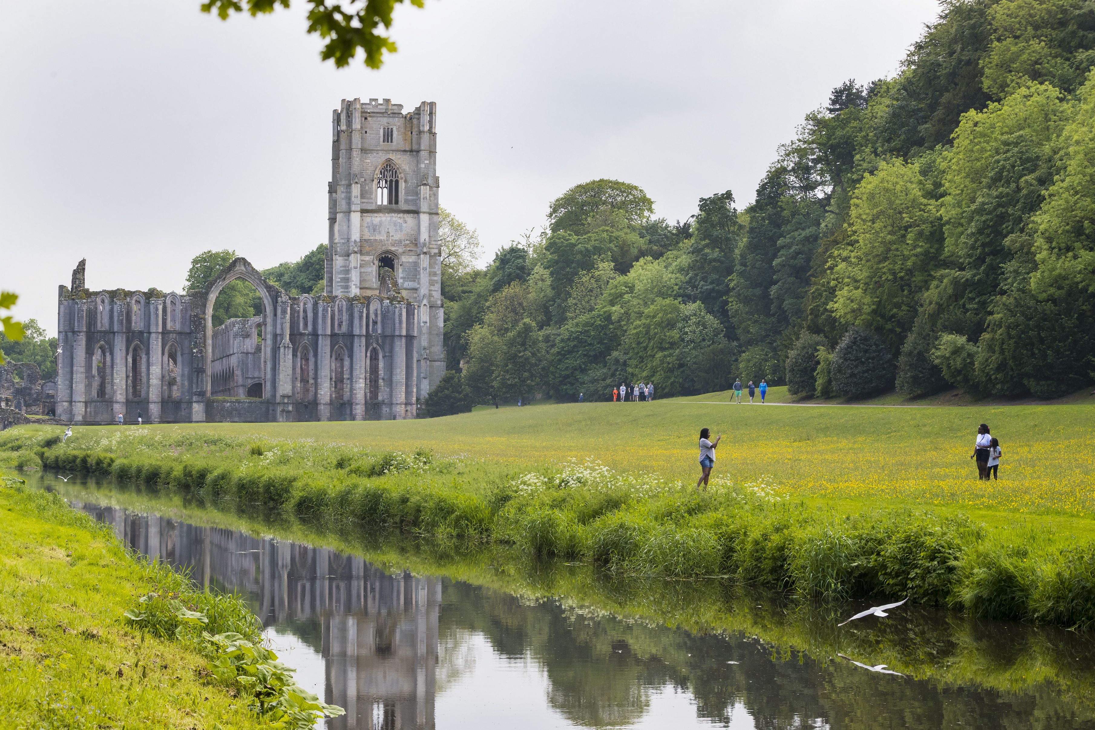 Family exploring Fountains Abbey and Studley Royal Water Garden, Yorkshire